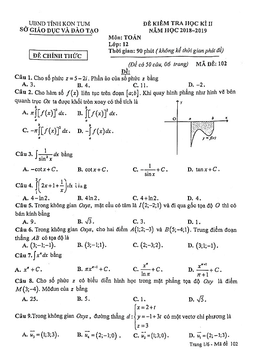 đề kiểm tra học kì 2 toán 12 năm học 2018 – 2019 sở gd&đt kon tum