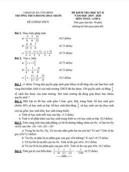 đề kiểm tra học kì 2 toán 6 năm 2019 – 2020 trường thcs hoàng hoa thám – tp hcm