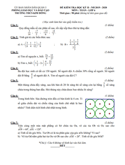 đề kiểm tra học kì 2 toán 6 năm 2019 – 2020 trường thcs kim đồng – tp hcm