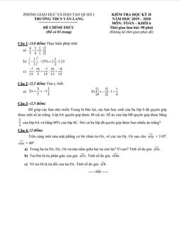 đề kiểm tra học kì 2 toán 6 năm 2019 – 2020 trường thcs văn lang – tp hcm