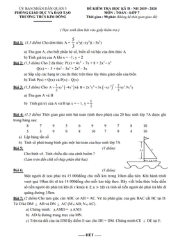 đề kiểm tra học kì 2 toán 7 năm 2019 – 2020 trường thcs kim đồng – tp hcm