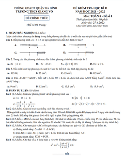 đề kiểm tra học kì 2 toán 8 năm 2021 – 2022 trường thcs giảng võ – hà nội