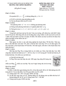 đề kiểm tra học kì 2 toán 9 năm 2019 – 2020 trường thcs bình trị đông – tp hcm