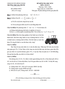 đề kiểm tra học kì 2 toán 9 năm 2019 – 2020 trường thcs đa phước – tp hcm