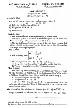 đề kiểm tra học kì 2 toán 9 năm 2020 – 2021 phòng gd&đt tây hồ – hà nội