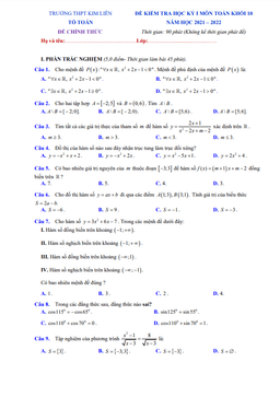 đề kiểm tra học kỳ 1 toán 10 năm 2021 – 2022 trường thpt kim liên – hà nội