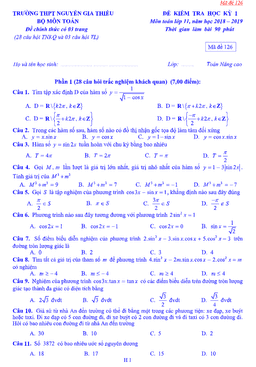 đề kiểm tra học kỳ 1 toán 11 năm 2018 – 2019 trường nguyễn gia thiều – hà nội