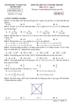 đề kiểm tra học kỳ 1 toán 11 năm 2020 – 2021 sở gd&đt quảng nam