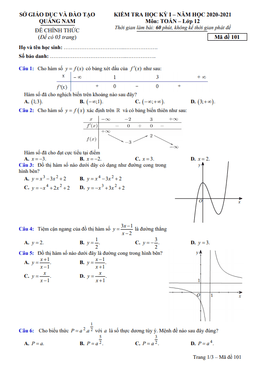 đề kiểm tra học kỳ 1 toán 12 năm 2020 – 2021 sở gd&đt quảng nam