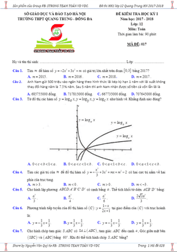 đề kiểm tra học kỳ 1 toán 12 năm học 2017 – 2018 trường thpt quang trung – hà nội