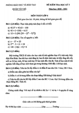 đề kiểm tra học kỳ 1 toán 6 năm 2020 – 2021 phòng gd&đt tây hồ – hà nội