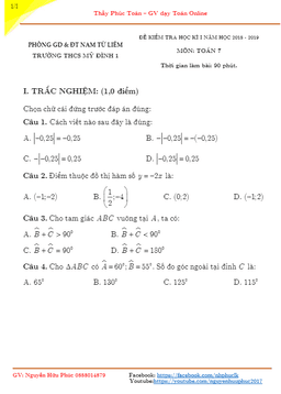 đề kiểm tra học kỳ 1 toán 7 năm 2018 – 2019 trường thcs mỹ đình 1 – hà nội