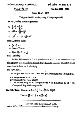 đề kiểm tra học kỳ 1 toán 7 năm 2020 – 2021 phòng gd&đt tây hồ – hà nội