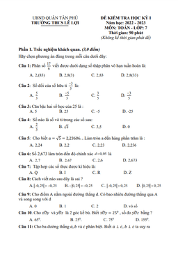 đề kiểm tra học kỳ 1 toán 7 năm 2022 – 2023 trường thcs lê lợi – tp hcm