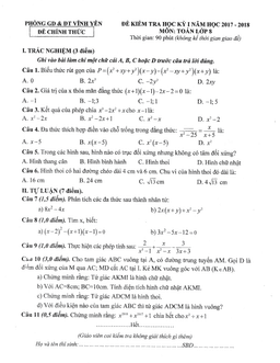 đề kiểm tra học kỳ 1 toán 8 năm 2017 – 2018 phòng gd&đt vĩnh yên – vĩnh phúc