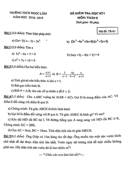 đề kiểm tra học kỳ 1 toán 8 năm 2018 – 2019 trường thcs ngọc lâm – hà nội