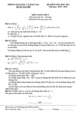 đề kiểm tra học kỳ 1 toán 9 năm 2018 – 2019 phòng gd&đt tây hồ – hà nội