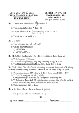 đề kiểm tra học kỳ 1 toán 9 năm 2018 – 2019 phòng gd và đt bắc từ liêm – hà nội