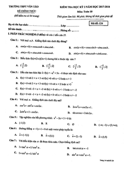 đề kiểm tra học kỳ 2 toán 10 năm 2017 – 2018 trường thpt vân tảo – hà nội