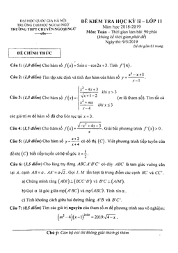 đề kiểm tra học kỳ 2 toán 11 năm 2018 – 2019 trường chuyên ngoại ngữ – hà nội