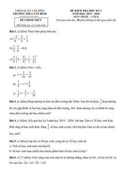 đề kiểm tra học kỳ 2 toán 6 năm 2019 – 2020 trường thcs tân bình – tp hcm