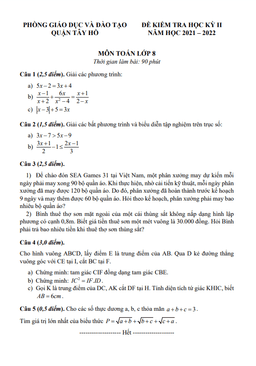 đề kiểm tra học kỳ 2 toán 8 năm 2021 – 2022 phòng gd&đt tây hồ – hà nội