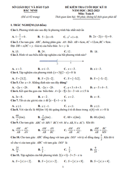 đề kiểm tra học kỳ 2 toán 8 năm 2022 – 2023 sở gd&đt bắc ninh