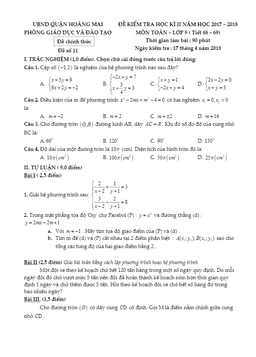 đề kiểm tra học kỳ 2 toán 9 năm 2017 – 2018 phòng gd và đt hoàng mai – hà nội