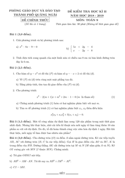 đề kiểm tra học kỳ 2 toán 9 năm 2018 – 2019 phòng gd&đt tp quảng ngãi