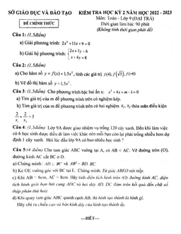 đề kiểm tra học kỳ 2 toán 9 năm 2022 – 2023 sở gd&đt bình dương