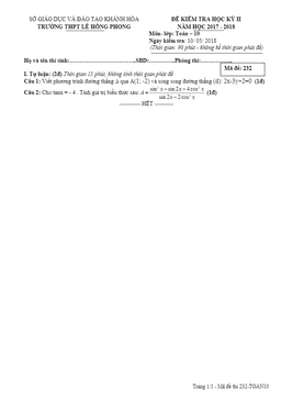 đề kiểm tra học kỳ ii toán 10 năm 2017 – 2018 trường thpt lê hồng phong – khánh hòa