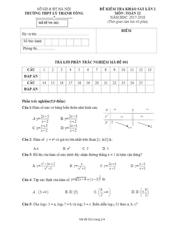 đề kiểm tra khảo sát lần 2 toán 12 năm học 2017 – 2018 trường thpt lý thánh tông – hà nội