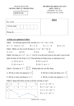 đề kiểm tra khảo sát môn toán 12 trường thpt lý thánh tông – hà nội lần 1