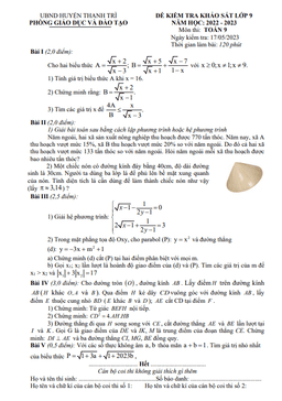 đề kiểm tra khảo sát toán 9 năm 2022 – 2023 phòng gd&đt thanh trì – hà nội