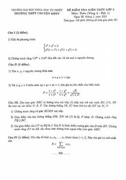 đề kiểm tra kiến thức toán 9 đợt 1 năm 2021 trường chuyên khtn – hà nội (vòng 2)