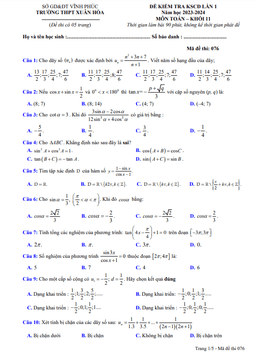 đề kiểm tra kscđ lần 1 toán 11 năm 2023 – 2024 trường thpt xuân hòa – vĩnh phúc