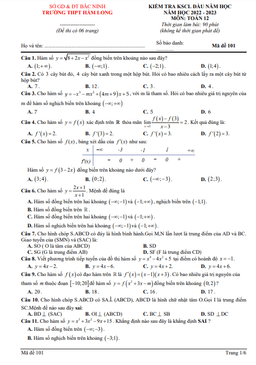 đề kiểm tra kscl toán 12 đầu năm 2022 – 2023 trường thpt hàm long – bắc ninh