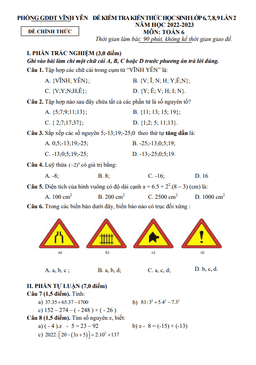 đề kiểm tra toán 6 lần 2 năm 2022 – 2023 phòng gd&đt vĩnh yên – vĩnh phúc