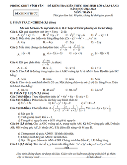 đề kiểm tra toán 8 lần 2 năm 2022 – 2023 phòng gd&đt vĩnh yên – vĩnh phúc