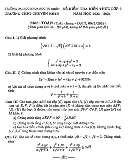 đề kiểm tra toán 9 (chung) đợt 2 năm 2023 – 2024 trường chuyên khtn – hà nội