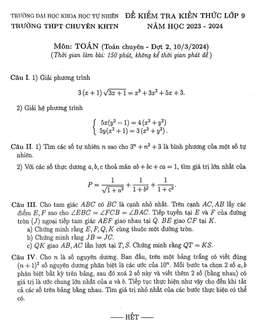 đề kiểm tra toán 9 (chuyên) đợt 2 năm 2023 – 2024 trường chuyên khtn – hà nội