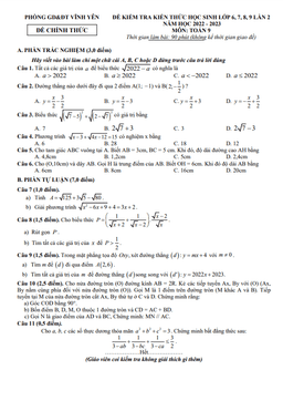 đề kiểm tra toán 9 lần 2 năm 2022 – 2023 phòng gd&đt vĩnh yên – vĩnh phúc