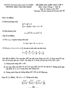 đề kiểm tra toán 9 năm 2020 – 2021 trường chuyên khtn – hà nội (vòng 1 – đợt 2)
