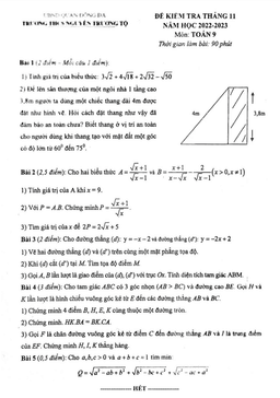 đề kiểm tra toán 9 tháng 11 năm 2022 trường thcs nguyễn trường tộ – hà nội
