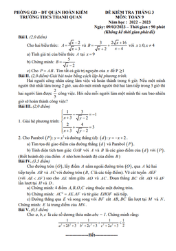 đề kiểm tra toán 9 tháng 3 năm 2023 trường thcs thanh quan – hà nội