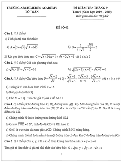 đề kiểm tra toán 9 tháng 9 năm 2019 – 2020 trường archimedes academy – hà nội