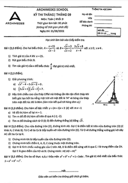 đề kiểm tra toán 9 tháng 9 năm 2022 hệ thống giáo dục archimedes school – hà nội