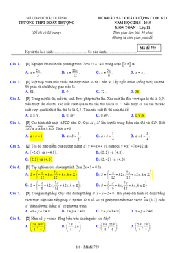 đề kscl cuối kỳ 1 toán 11 năm học 2018 – 2019 trường thpt đoàn thượng – hải dương