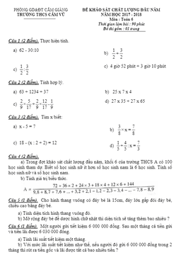 đề kscl đầu năm năm học 2017 – 2018 môn toán 6 trường thcs cẩm vũ – hải dương