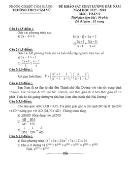 đề kscl đầu năm năm học 2017 – 2018 môn toán 9 trường thcs cẩm vũ – hải dương
